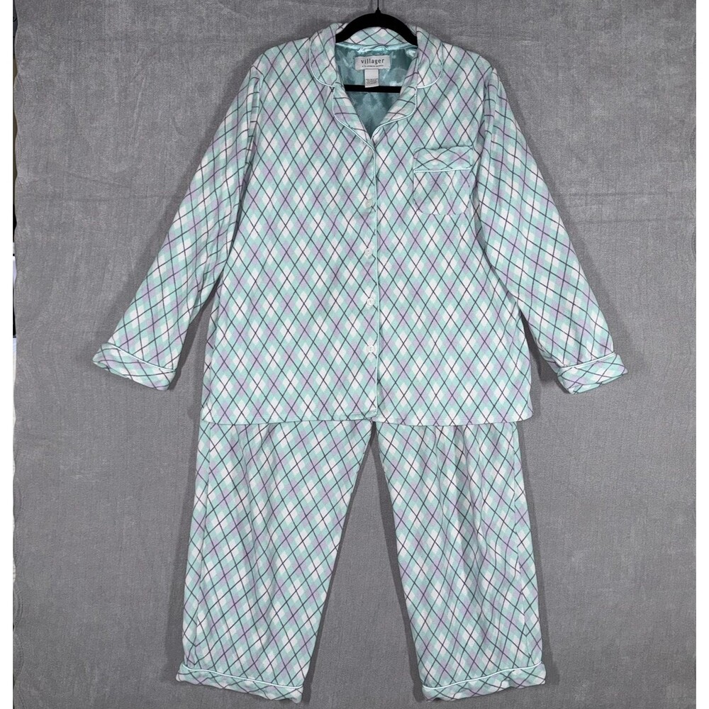 Villager by Liz Claiborne Women’s XL Pajama Set Argyle Fleece Mint Lavender